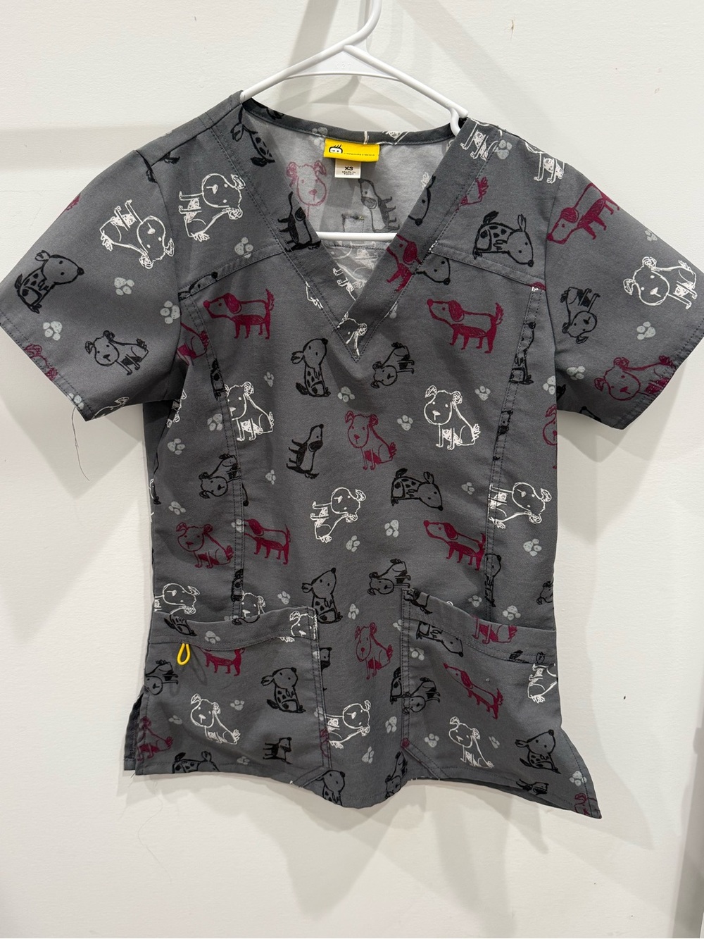 Wonder Wink Gray Pet Print Scrub Top with Burgundy & White Accents